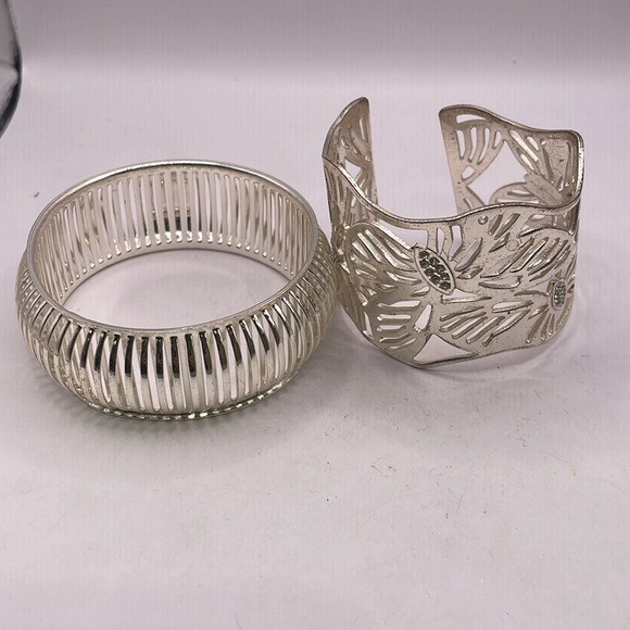 silver tone bracelet duo bangle and cuff - Picture 1 of 8